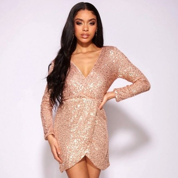 plus gold sequin v bar bodycon dress Plus V Neck Lantern Sleeve Sequin Bodycon Dress Champagne / 5XL